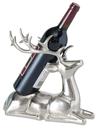 WHW Whole House Worlds Liegender Weinhalter mit Hirsch, Einzelflasche, silberfarben, handgegossenes Aluminium-Nickel, 30 cm lang