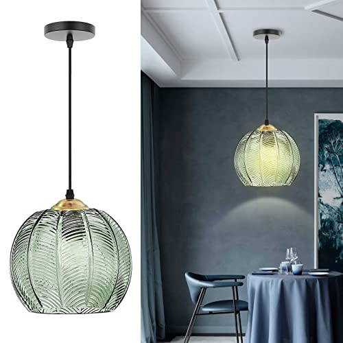 YQGOO Hängelampe Grün-Moderne Glas Pendelleuchte Esstisch Esszimmer PendellampeVintage Kürbisförmigem Glaslampenschirm, Hängeleuchte hoehenverstellbar 150cm Küche Schlafzimmer, E27(25cm/9.8in)