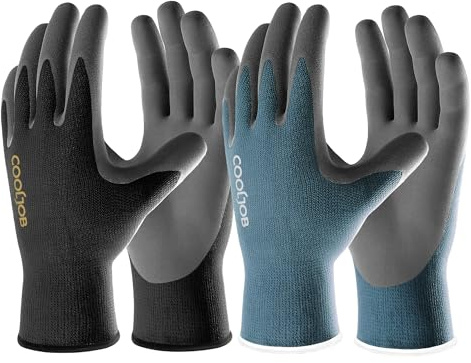 COOLJOB Gardening Gloves for Women and Men, Work Gloves with Touchscreen, Ultra-Grip Nitrile Coated Garden Gloves, Blue & Black (2 Pairs, L)