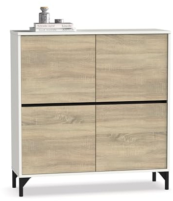 MUEBLES PITARCH | Recibidor Zapatero Mueble Auxiliar para Entrada con Patas, 4 Puertas, Blanco y Roble Cambrian, 20 Pares de Zapatos, Tallas Grandes, 101x96,5x33cm, Moderno, Industrial, Modelo Kioto