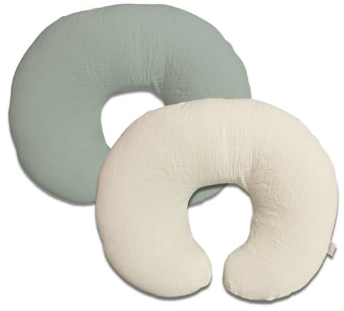 Nursing Pillow Cover,Muslin Cotton,Removable Cover For Breastfeeding pillows,2-Pack Pillow Covers,Ultra-soft Baby Nursing Pillow, Fits Newborn Feeding Pillow 22.5IN*18IN (Sage Green & Cream-Coloured)