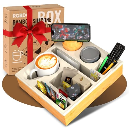 Couch Cup Holder Tray - Couch Organizer Caddy, Silicone Beach Caddy with Cup Holder, Sofa and Bed Drink Holder and Couch Tray Table for Snacks Beverage Remote (Beige)