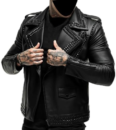 AAOutfitz Schwarze Biker-Lederjacke für Herren mit Nieten, Schwarz - Echtleder, XL