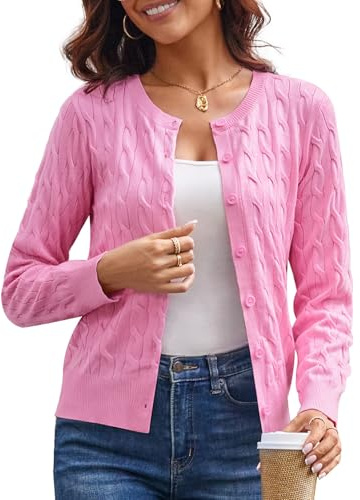 GRACE KARIN Womens Long Sleeve Button Up Pink Cardigan Lightweight Cable Knit Button Down Sweaters Spring Outfits M