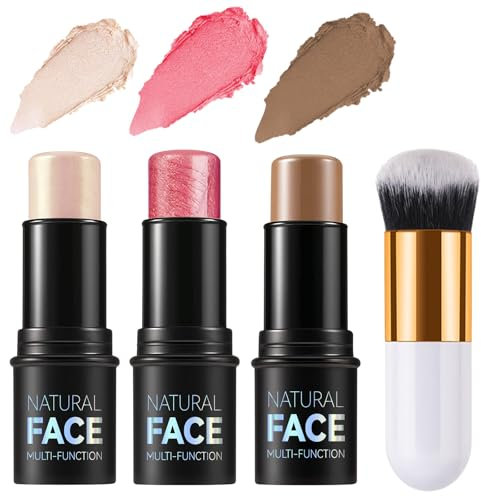 3 Pack Contour Highlighter Blush Sticks with Brush, Cream Bronzer Contour Stick Kit for Cheeks Eyes Lips, Long Lasting Waterproof Smooth Multi Stick Face Makeup Set for All Skin Type (Set A)