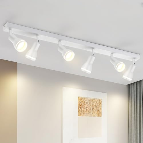 Deckenstrahler 6 Flammig Weiß GU10 Deckenlampe für Wohnzimmer Schwenkbar | LED Deckenleuchte Metall Deckenspot 194° drehbar Modern Spotlight für Wohnzimmer Küche Büro, Ohne Leuchtmittel