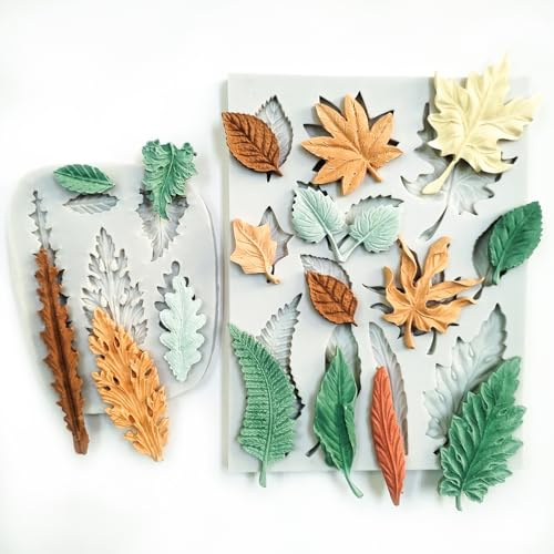 2PCS Leaf Silicone Molds, Tree Leaves Shape Cake Fondant Mold, 3D Unique Chocolate Candy Jello Biscuit Dessert Mold, Resin Plaster Polymer Clay Soap Mold, Cake Decorating Tool