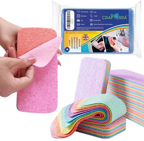 Washing up Sponge Multi Purpose household essentials Machine Washable Kitchen Cleaning Products. 12 layers Super Absorbent & Durable microfibre cloth. For Window Countertop Car Dish sink & Bathroom. M