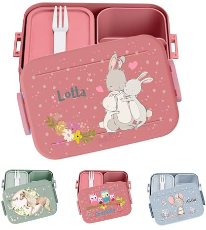wolga-kreativ personalisierte Mepal Brotdose mit Fächern Hasen Motiv - Lunchbox Kinder, Jausenbox Brotbox Schule Kindergarten Geschenk Einschulung