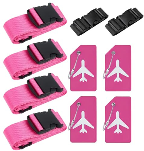 4 Stück Koffergurt & 4 Stück Kofferanhänger & 2 Stück Fügen Sie Eine Tasche Gepäckgurte Hinzu, Kofferband Gurt, Einstellbare Kofferbänder, Auffällig Luggage Strap für Koffer (Dunkelrosa)