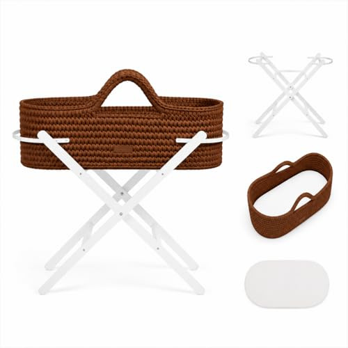 Ickle Bubba Nova Gehäkeltes Babybettchen & Klappständer – Geeignet von der Geburt bis 9 kg, kompakt und leicht, inklusive Plüschmatratze, ideal für Nickerchen zu Hause oder auf Reisen (Mokka/Weiß)