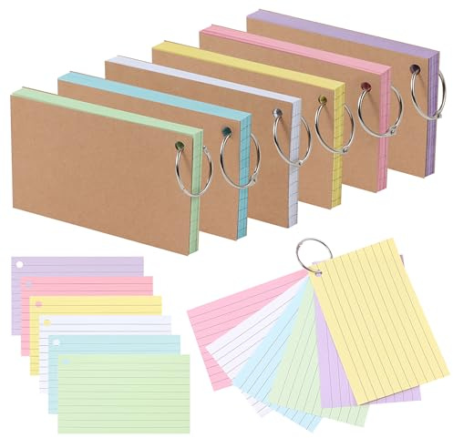 300 Feuilles Fiches Bristol, Pack de 6 Fiches de Révision avec Anneaux de Reliure, Cartes Flash Kraft Multicolores pour Notes, Langue et Apprentissage, 12,5 * 7,5 cm