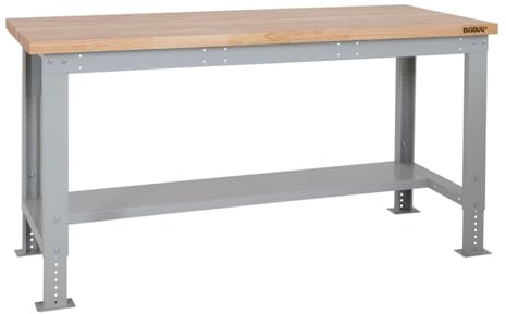 BiGDUG Height Adjustable Workbench - Heavy Duty Workshop Table - 877H x 1715W x 600D mm - Wood Worktop Half Depth Lower Shelf