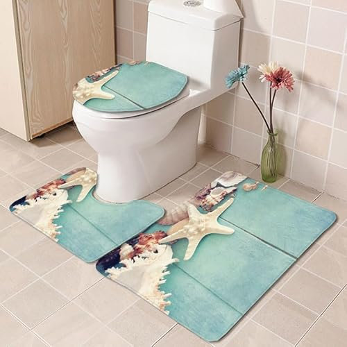 Badrumsmatta blå beige sjöstjärna WC matta med utsnitt WC lockskydd 3 delar WC matta halkfri badrumsset U-formad badmatta tvättbar badrumsmattor set 50 x 80 cm