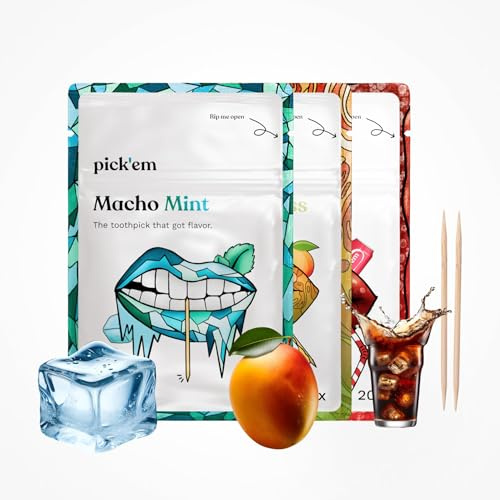 pick'em Tandpetare med smak 3-pack, mynta mangocola, 60 stycken | Vår 3 bästsäljare: Mint, mango och cola, sockerfri och vegan. Smakfull trätandpetare, tuggummialternativet