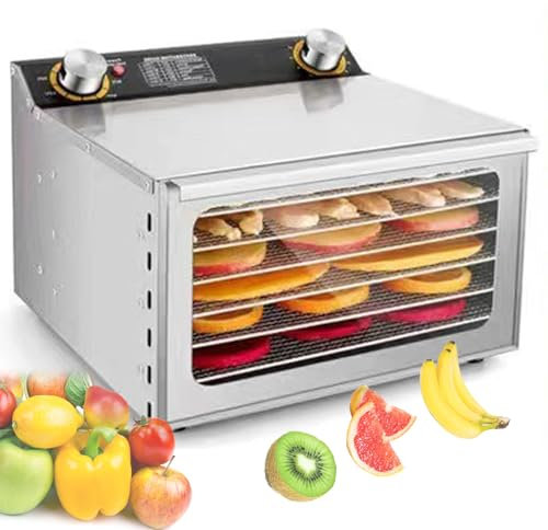XSDAJSD Deshidratador de Alimentos de 6/8/12 Capas - Secador de Alimentos con Temperatura Ajustable de 30 a 90 °C y Temporizador de 12 h, Carcasa de Acero Inoxidable, Ventana Visible, 6 Capas