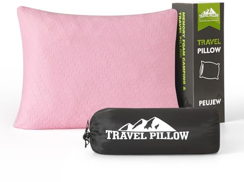 PEUJEW Travel Pillow Camping Pillow, Compressible Memory Foam Small Pillow with Waterproof Bag, Breathable Cover, Ideal for Camping, Backpacking, Car and Airplane (S, Apricot Pink)
