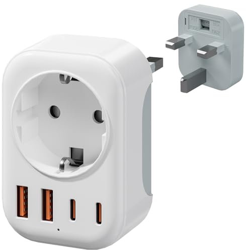 Bigfish Adattatore Presa Inglese con 2USB C e 2USB A, 5 in 1 Adattatori Prese Inglesi, Adattatore da Viaggio Spina UK Tipo G per Regno Unito, Inghilterra, Irlanda, Scozia, Singapore