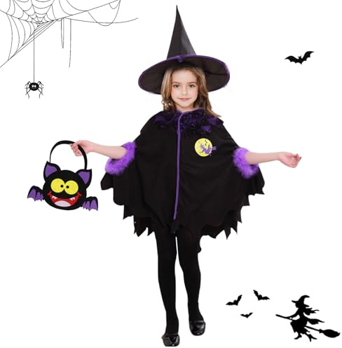 IWTBNOA Costume de sorcière pour enfant fille - Cape d'Halloween - Costume de sorcière violet et noir avec sac d'Halloween et chapeau de sorcière - Costume d'Halloween pour carnaval et fête