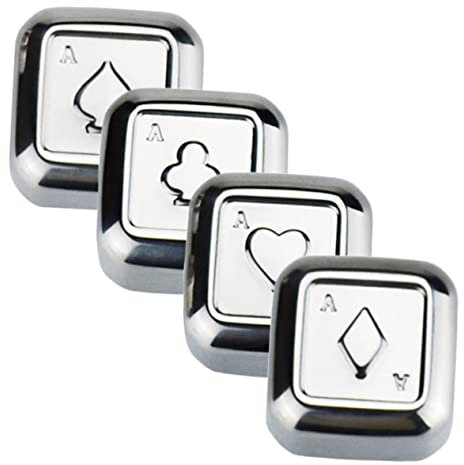 Mobestech 4pcs Stainless Steel Poker Whiskey Stones Reusable Metal Ice Cubes for Beverage Cooling Pp Storage Box, Black and Red Card Suit Design, Suitable for Whiskey and Wine Chilling