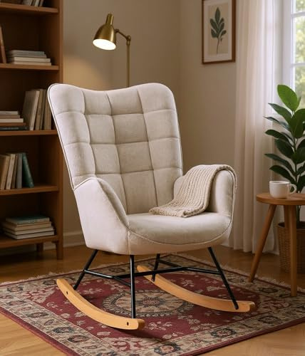 FURNISH 1 mecedora escandinava para esquina de lectura con respaldo cómodo de tela beige, mecedora escandinava con reposabrazos, asiento grueso, patas de madera y metal en forma de E