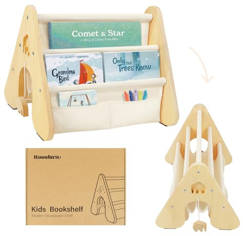 Bücherregal Kinder mit Doppelter Seite, Dreieckige Kinderregal - Beige | 4-stöckig Montessori Regal für Kinderzimmer Spielzimmer 43 x 34 x 34 cm