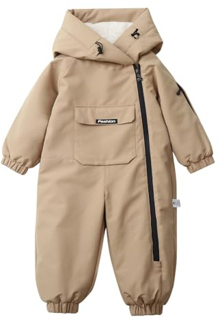 Boys Girls One Piece Snowsuits Front Pockets Fleece-Lined Puffer Ski Suits Jumpsuits Kids Winter Hiking Insulated Warm Side Zipper Onesie Snowsuits (Khaki, 3-4 Years)
