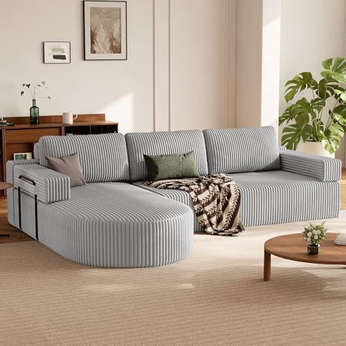 HOMRELEXA Ecksofa mit Schlaffunktion, Cord Schlafsofa L Form, Boneless Couch, Cloud Couch, Wohnlandschaft Schlafcouch mit 75cm Sitzfläche, Modulares Sofa Bed Sofabett mit Abgerundeter Chaise Longue