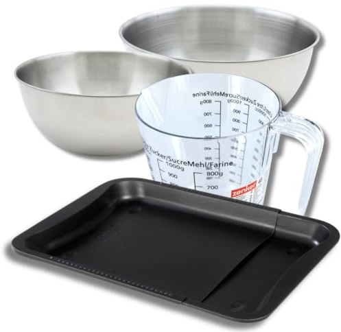 Zenker 9376050 Set Pâtisserie Plaque de Four Extensible 35-52 Antiadhésif Teflon, Pizzas, Sablés, 2 Bols à Mixer en Acier Inox 20,5 et 25 cm, Verre Mesureur Plastique 1 L, Spatule Silicone, Noir