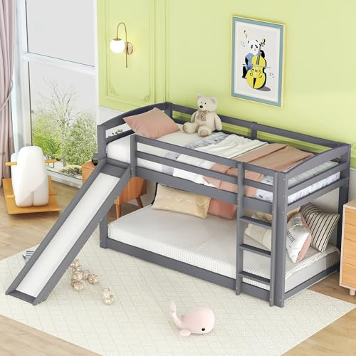 VIEKOS Letto a castello per bambini e ragazzi, lettino con scivolo, struttura in legno massello, montaggio semplice, 90 x 200 cm, grigio