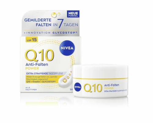 NIVEA Q10 Anti-Falten POWER Extra Straffende Tagespflege, Anti-Falten-Tagescreme mit Q10, Kreatin & Glycostop, Gesichtspflege mit LSF 15 für alle Hauttypen (50 ml)