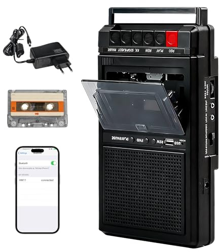 Bärbar retrokassettspelare, Bluetooth-kassettspelare med inspelningsfunktion, digitalisering av USB- och ljudkassetter, mobil kassettspelare med dubbel strömförsörjning