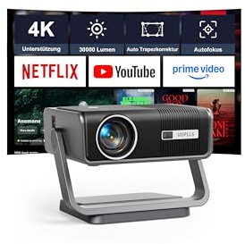 Smart Beamer 4K【Netflix-Fähig & Dolby Audio】30000 Lumen Auto Fokus/6D Trapezkorrektur Beamer Full HD 1080P, VOPLLS WiFi6 Bluetooth Unterstützt 4K Video Projektor Heimkino/Outdoor für PS5/ Handy (Grau)