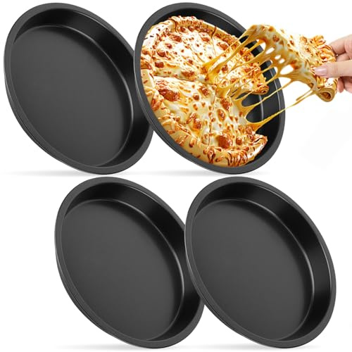 4 Piezas Plato Pizza Redondo con Revestimiento Antiadherente, Bandeja Pizza Horno Acero Carbono Diámetro 20cm, Molde Quiche Redonda Bandejas Versátil para Bizcocho Tartaleta Repostería Tarta, Negro
