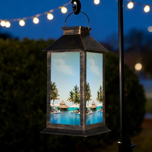 Solar Lantern Coastal Beach Swimming Pool Luxury sunbed Lounge parasols Maldives Outdoor Waterproof Garden Hanging Lantern Solar Powered Lighting Outside Table Lamp for Patio Deck Camping 1 Pack