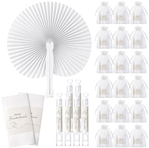 BBTO 50 Sets Hochzeit Gastgeschenke Handfächer Seifenblasen Hochzeit mit Aufkleber Freudentränen Taschentücher Banderolen Organzabeutel für Hochzeitsgäste Geburtstag Party Geschenk Tischdeko
