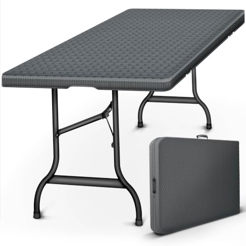tillvex® Gartentisch klappbar Rattan Optik 180x75cm Wetterfest + Tragegriff | Buffettisch für Garten, Terrasse, Camping & Balkon | Campingtisch 8 Personen | Kunststoff Klapptisch Balkontisch Polyrattan
