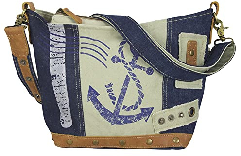 Sunsa Maritim Umhängetasche. Nachhaltige Damen Schultertasche. Beige/blau | Vintage Stil Jeanstasche mit verstellbare Henkel. Tasche aus recycelte Jeans Canvas & Leder. Crosssover bag mit Anker Druck