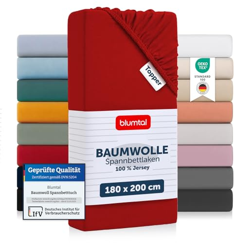 Blumtal® Basics Spannbettlaken Topper 180x200x15cm Jersey - Bettlaken aus 100% Baumwolle - Oeko-TEX zertifiziertes Spannbetttuch 180x200cm - Rot