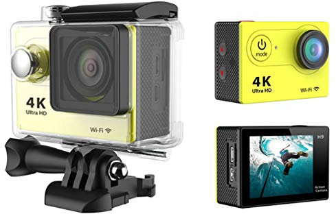 Action Camera, H9 Ultra HD 1080P 4K Action Camera 30M Waterproof with 2.0' Screen 170° Wide View Angle Wi-Fi Sport Cam, with HDMI HD Output,Yellow