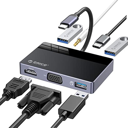Hub USB 3.0 Orico 7 en 1 USB C Adaptateur Avec 4K HDMI, VGA, 100W PD, 5Gbps USB - A 3.0 × 1, USB - A 2.0 × 2, 3.5mm Audio × 1, Dock Multiport Compatible con MacBook Pro/MacBook Air