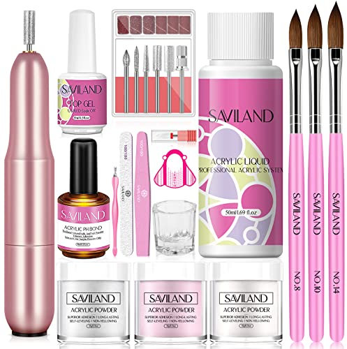 Saviland Langlebig Acryl Nagelset mit Nagelfräser: 3 Farben Acryl Pulver Acryl Liquid Acryl Pinsel für Nägel Bond Primer Top Gels Nagelfeile Acrylgel für Nägel Nägel Selber Machen Geschenk für Frauen