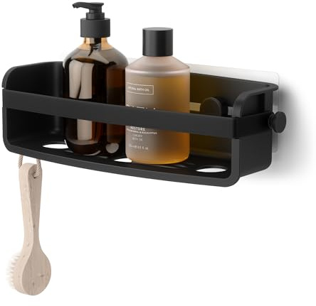 Umbra Flex Duschablage zum Kleben, Rostfreies Duschregal für Shampoo, Conditioner, Duschgel, Seife, Luffaschwamm, ohne Bohren, Rostfrei, Schwarz