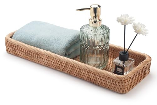 Rattan Badezimmer Eitelkeit Tabletts Toilettenbehälter Korb Aufbewahrung Lange Schmale Handtuch Aufbewahrungskorb für Lagerung, Dekorativ (Natürliche 41.5 x 15.5 x 5cm)