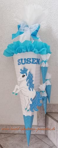 Schultüten Bastelset Einhorn Pony weiß-hellblau-Glitter mit 3 kleinen Tüten zum Anhängen MaterialType Schultütenzuschnitt 400g Karton