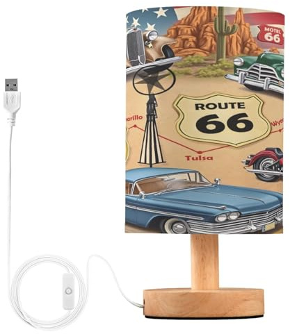 ALAZA Vintage Route Car American Flag Decor Bedside Table Lamp with USB Port for Bedroom Nightstand Office Desk LED Bulb Included