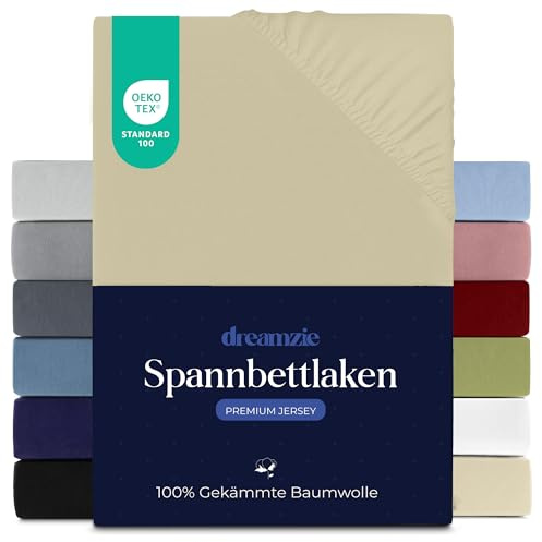 Dreamzie - Spannbettlaken - 120x200cm - 100% Gekämmte Baumwolle - Jersey | Beige · Leintuch mit Rundumgummi · Spannbetttuch bis 22cm Steghöhe · Oeko-Tex zertifiziert · Premium · Breites Einzelbett