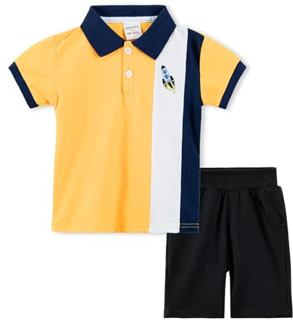 Volunboy Babypojkkläduppsättningar, kortärmad polotröja med shorts 2 delar sommarklädsel för 1–6 år, Gult, 3-4 �r