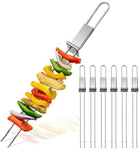 HOUSN Grillspieße Edelstahl, 6 Stück 33cm Grillspieße + 6 Stück 41cm Grillspieße, Schaschlikspieße mit Zwei Paar Handschuhen und Zwei Nylontaschen, Für Fleisch, Gemüse,Silber,12 Stück