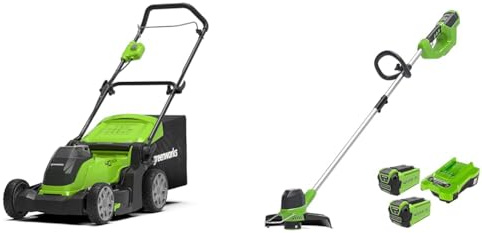 Greenworks G40LM41 Cordless Lawnmower for Lawns up to 500m², 41cm Cutting Width, 50L Bag WITHOUT 40V & 40V Cordless Strimmer for Medium Gardens, Adjustable Height, 30cm Cutting Width